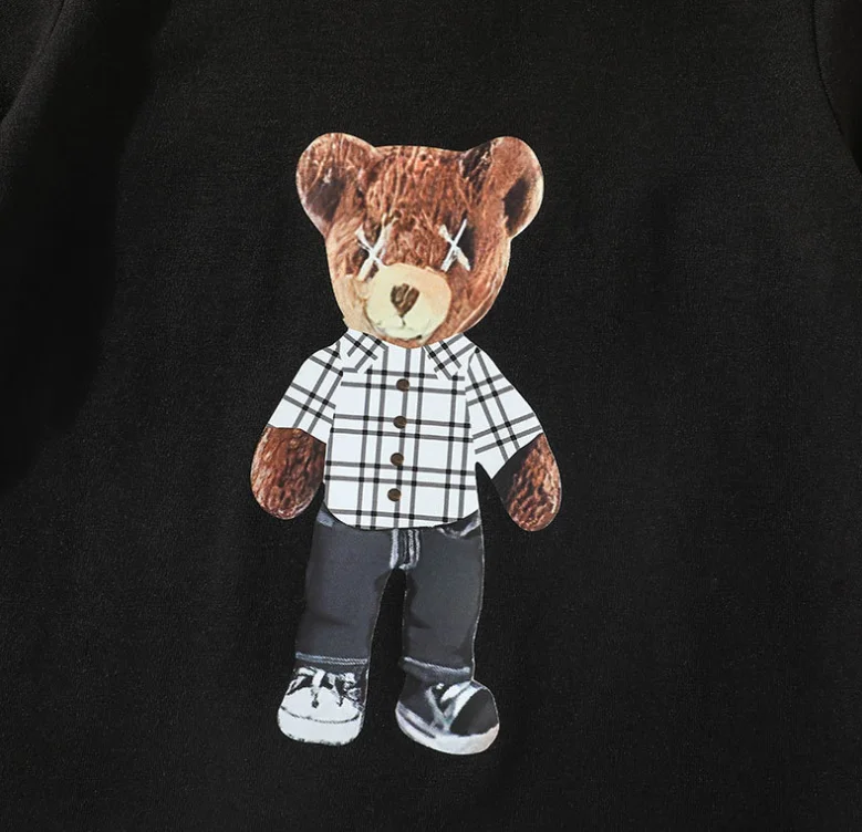 2pcs/Set Summer Wear Boys Black Cartoon Bear Print Short Sleeve T-shirt Matching Plaid Shorts Set For Boys Kids Clothes
