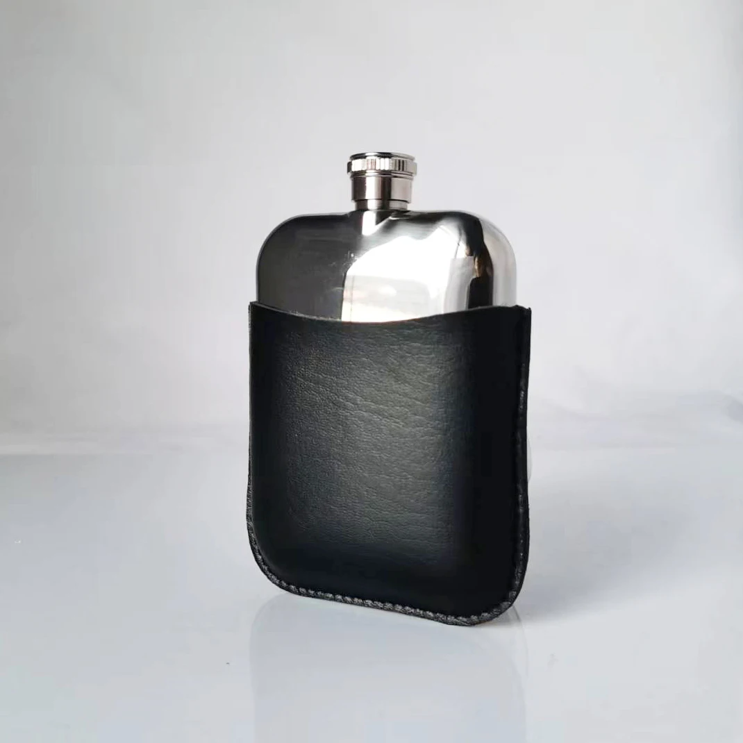 Wholesale 6oz Pewter Hip Flask With alcohol Brown Black Color Leather Pouch vodka whisky bottle hip flask leather bag