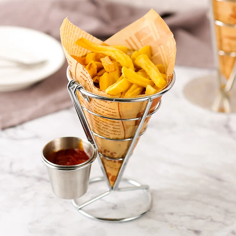 Metal Wire Kitchen Accessories French Fries Stand with Sauce Dippers Potato Chips Snack Holder Colanders & Strainers