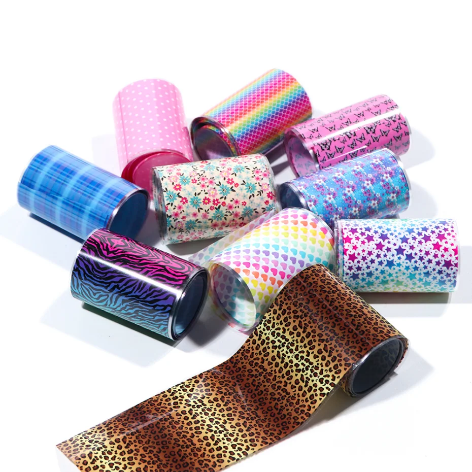 10 Types/Case Holographic Pink Flower Leopard Dot Plaid heart butterfly Mixed Designs Starry Sky Nail Foil Stickers Set