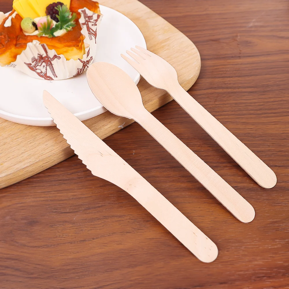 100pcs Bamboo Knife Fork Spoons Disposable Tableware Sets Kitchen Utensil for Cakes Desserts Wedding Birthday Party Supplies