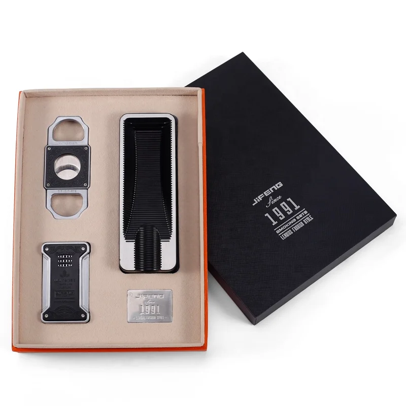JIFENG JF-TZ216 черные и серебряные классические аксессуары для сигар подарочный набор 3 в 1 зажигалок резак пепельница любителей подарок