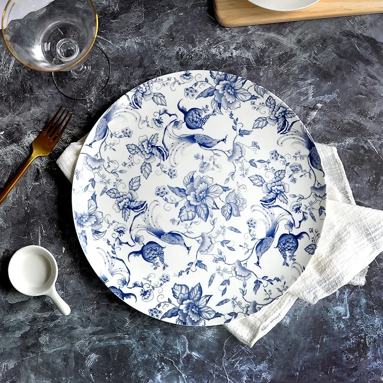 
Western dinnerware set ceramic blue white round dinner plates for restaurant 