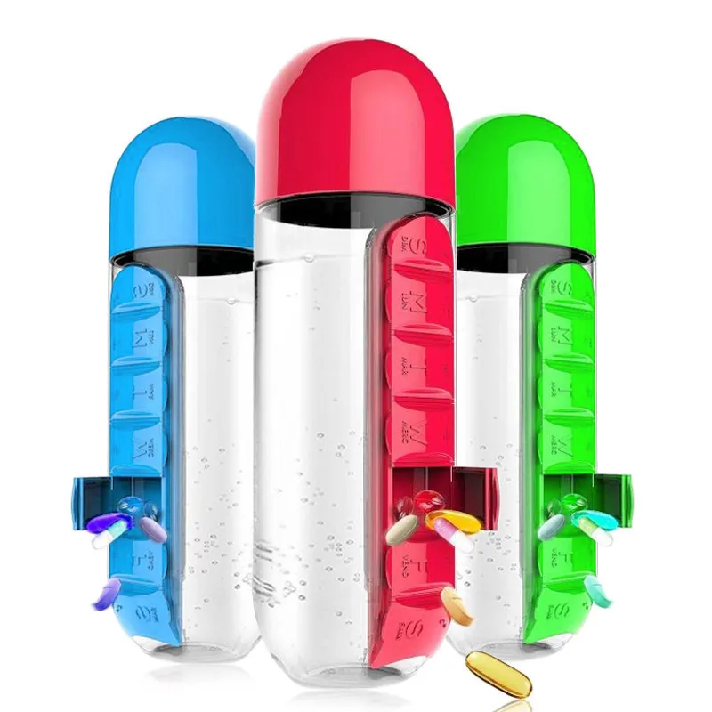 NB-BLUESKY Water Bottle with Pillbox Plastic Drink Bottle with Travel 7 Days Drug Organizer 2 in 1 Pill Box Water Bottle