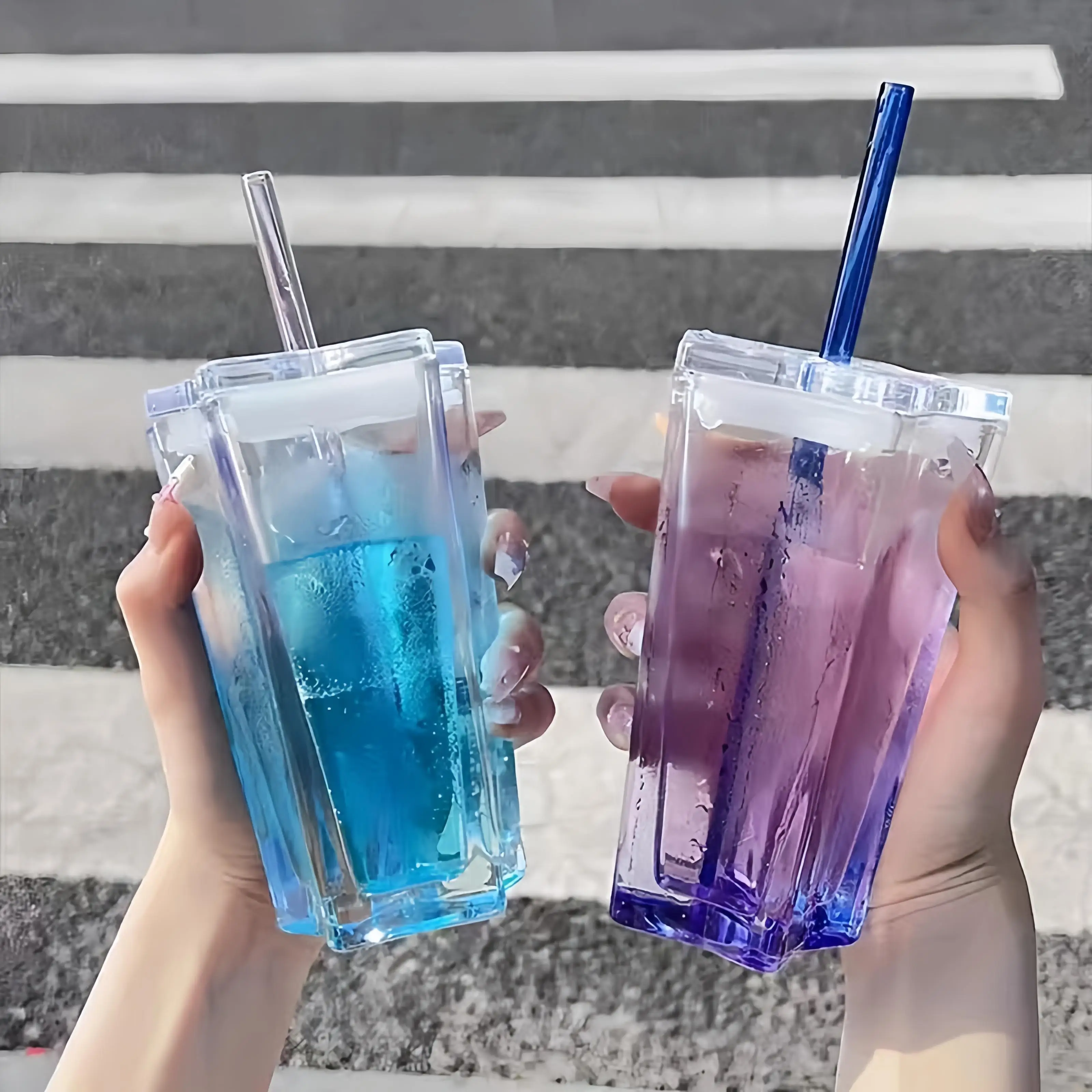 Customized Logo 300ml Pentagonal Star Glass Straw Mug colored glass cups for wine