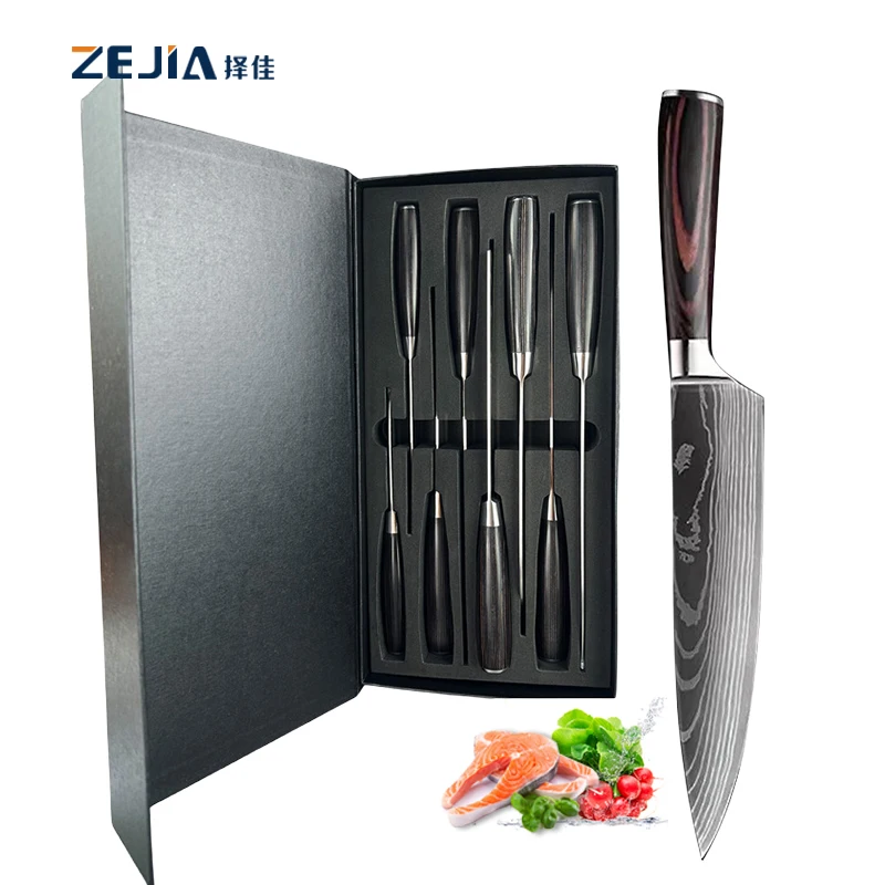 High Quality Pakka wood Handle Kitchen Knives Wholesale Laser Pattern Chef Knife Set Kitchen Damascus Knife Set
