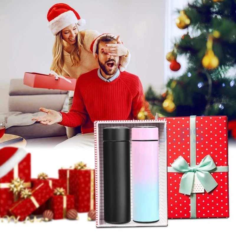 Personalized LED temperature display 500ml stainless steel double wall drinking bottle water cup gift set with tea filter