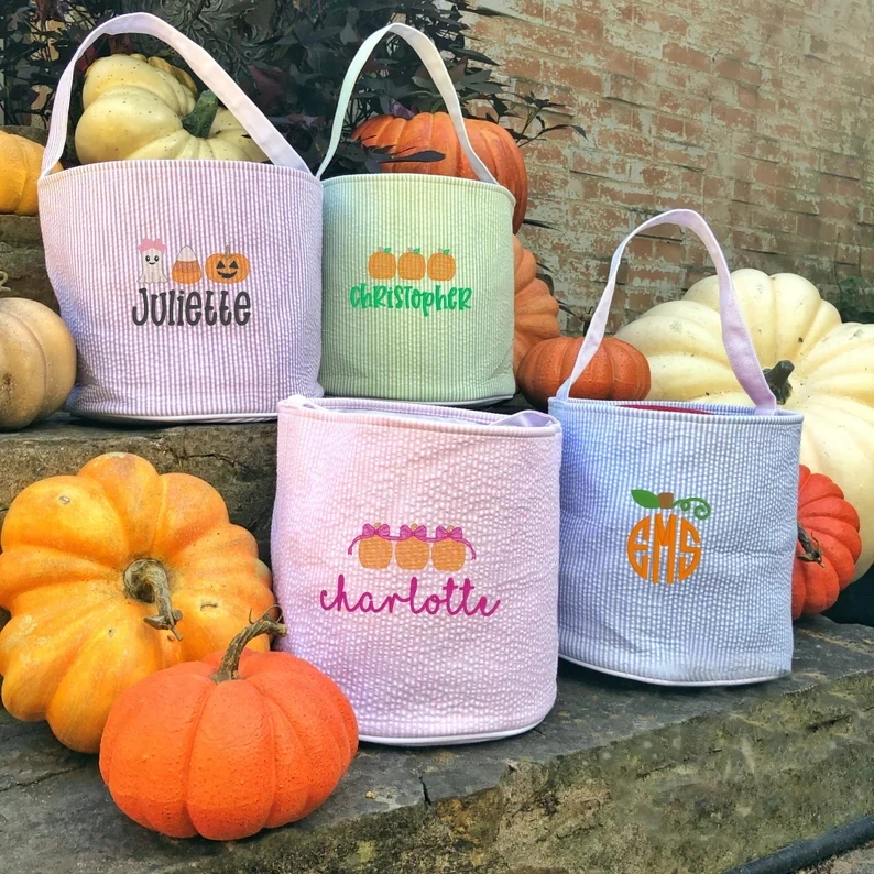 Monogrammed Trick or Treat Bag Seersucker Halloween Tote Bag For Kids Halloween Basket