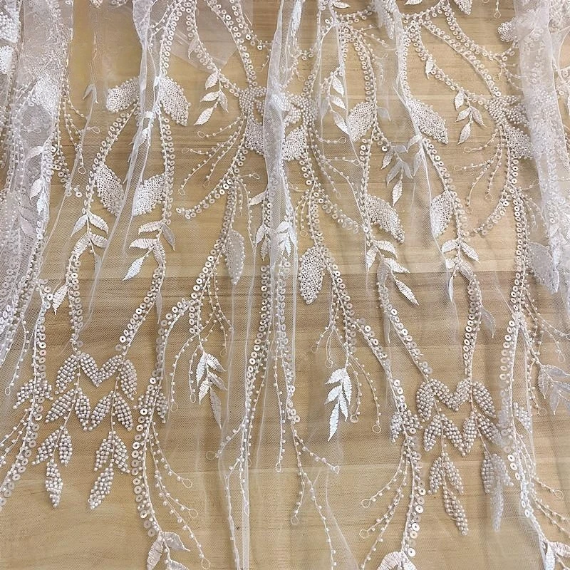 New Style Beaded Shiny Bridal Lace Fabric white Flowers, Branches and Leaves Sequined Mesh Embroidery Fabric