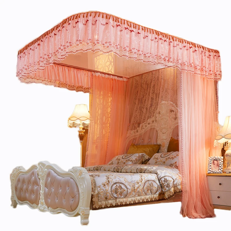 Luxury Square Top Guide Rail Soft Beautiful Lace Tassel Flower 2.1m High Elegant Durable Bed Net
