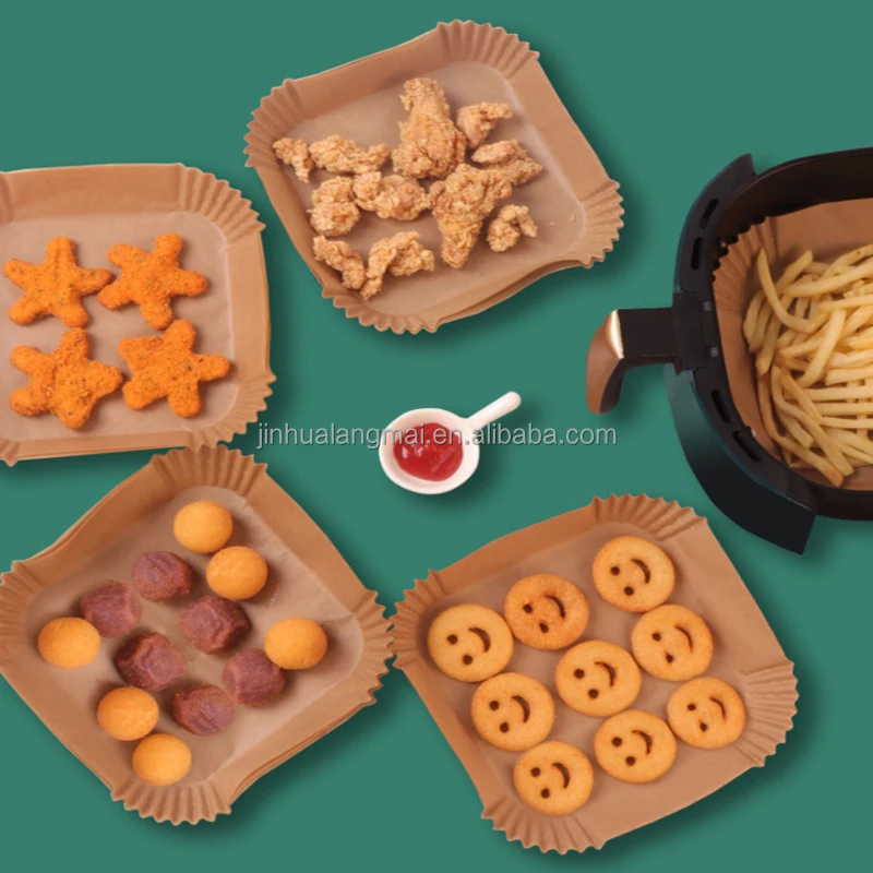 Heat Resistant  Square Air Fryer Paper Liners Oilproof Paper Liner For Air Fryer 100pcs Plastic Box Packing