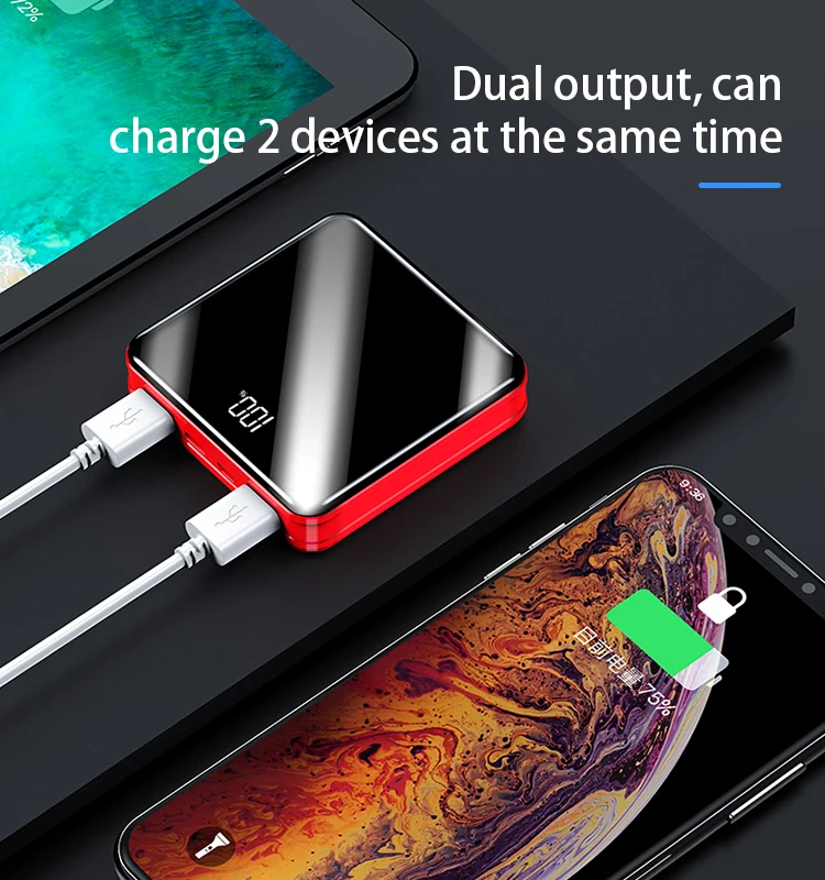 емкость мобильное зарядное устройство квадратный портативный тип C ЖК-Зеркало экран 10000mAh банк питания с сертификатом