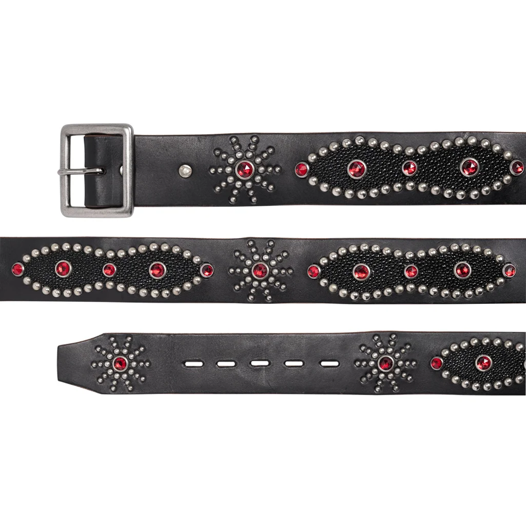 Studded Belt Self Edge STINGRAY Peanut Belt Cowhide Black Leather Nickel Buckle