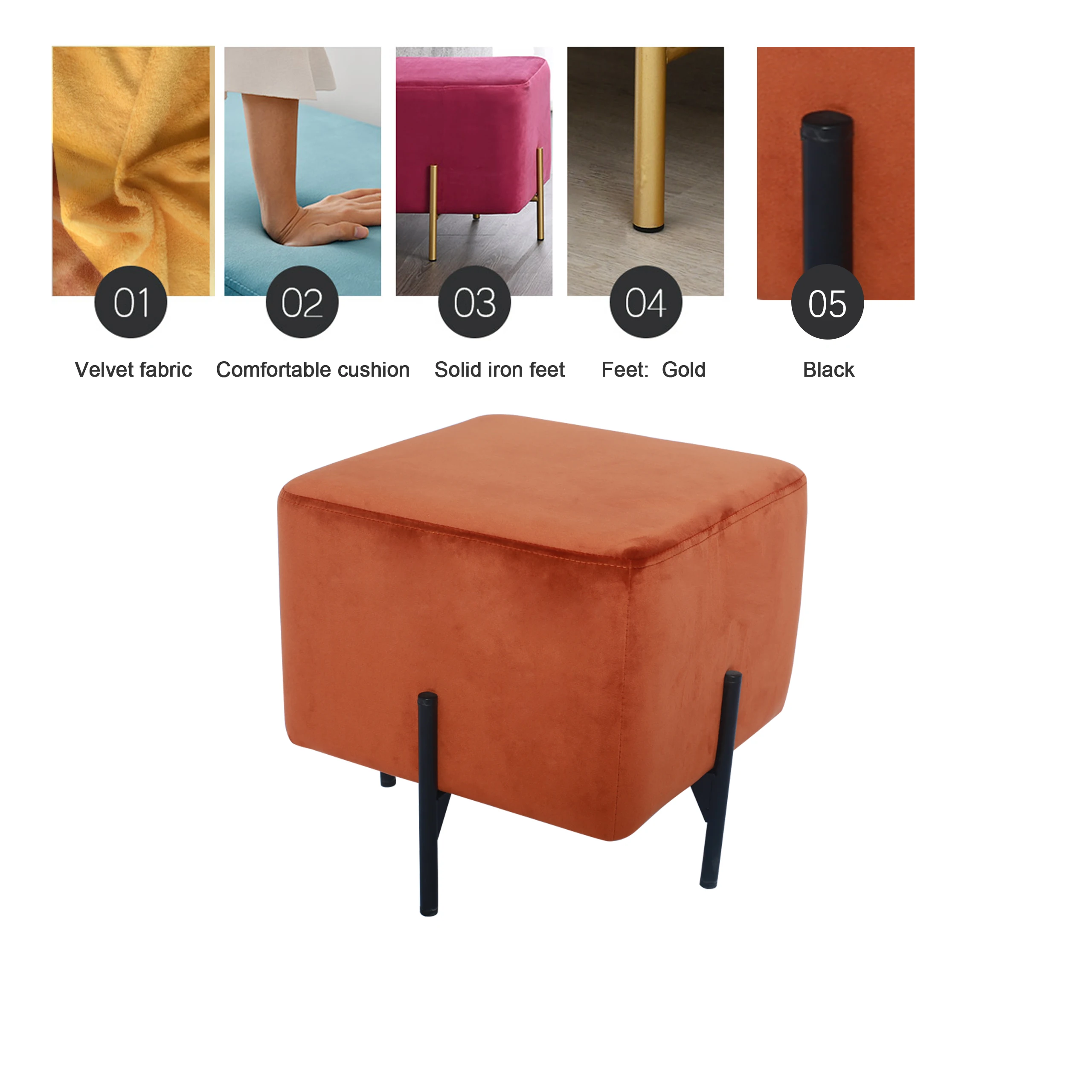 ODM&OEM Modern Living Room Furniture New Design Metal Legs Small Sofa Stool Fabric Footstool