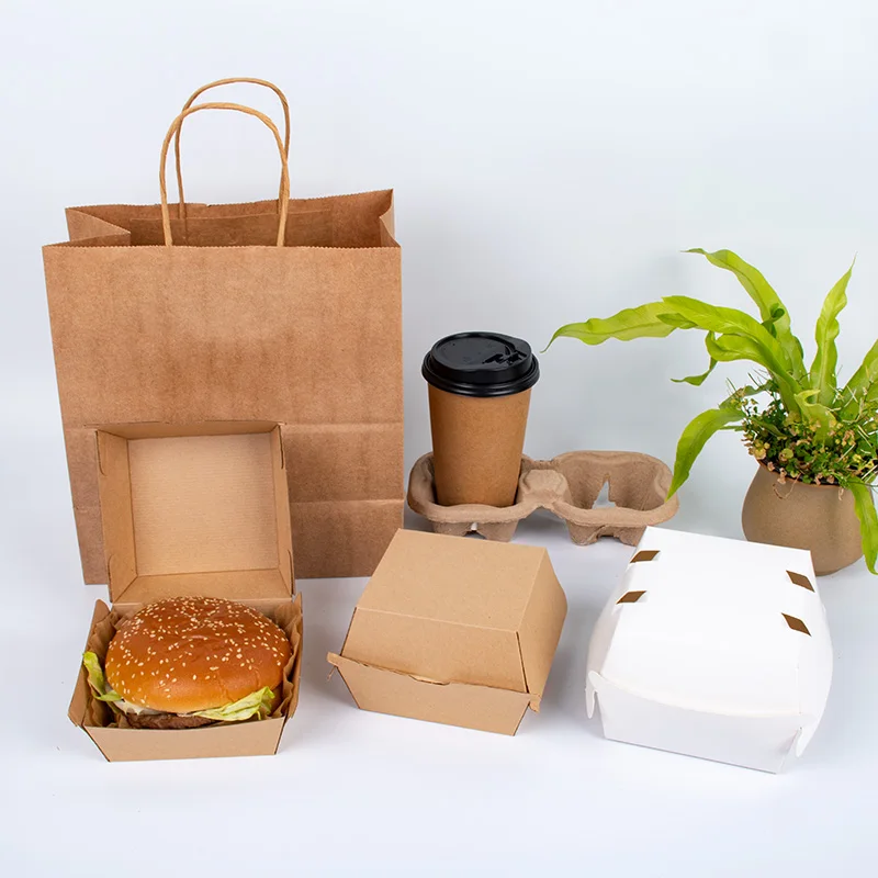 Custom Print Compostable Biodegradable Clamshell Hamburger Box Takeaway Food Grade Paper Packaging Containers Burger Box Set