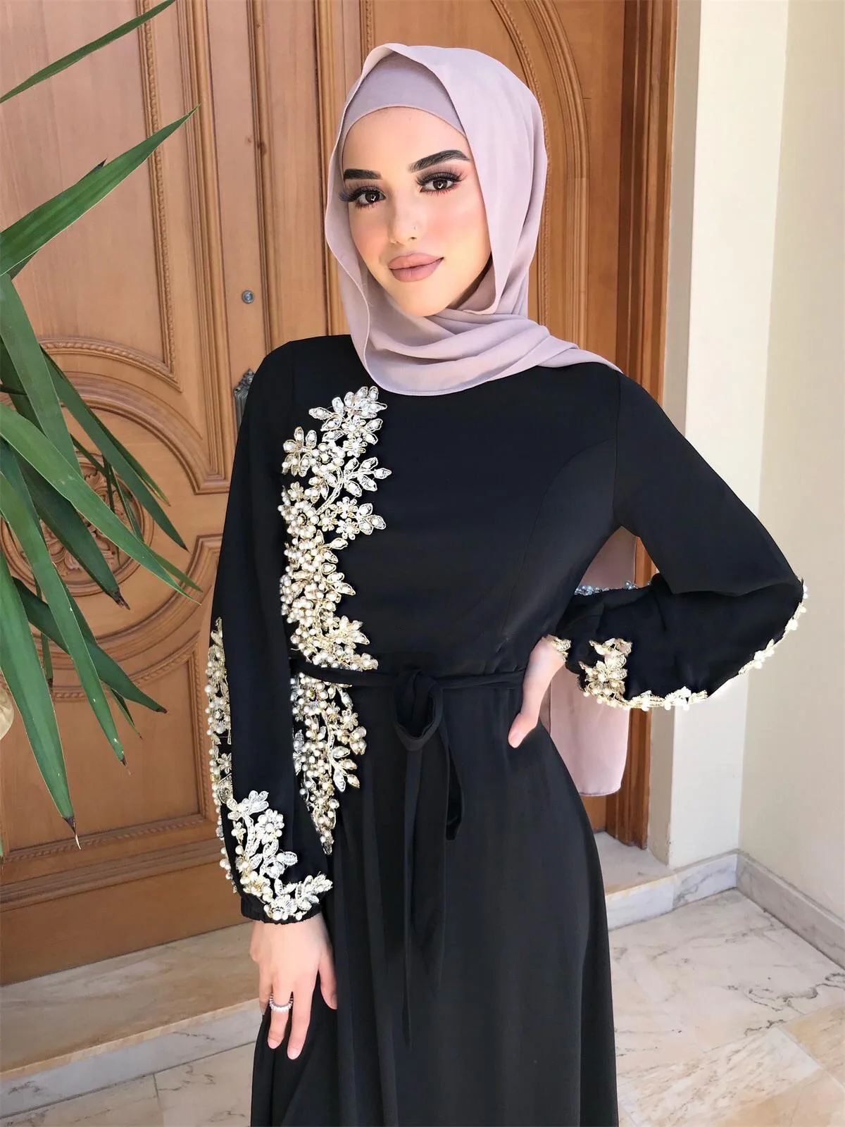 6 color Heavy Pearl Muslim Turkey Middle East Dress  chiffon abaya dress with embroidery and beading