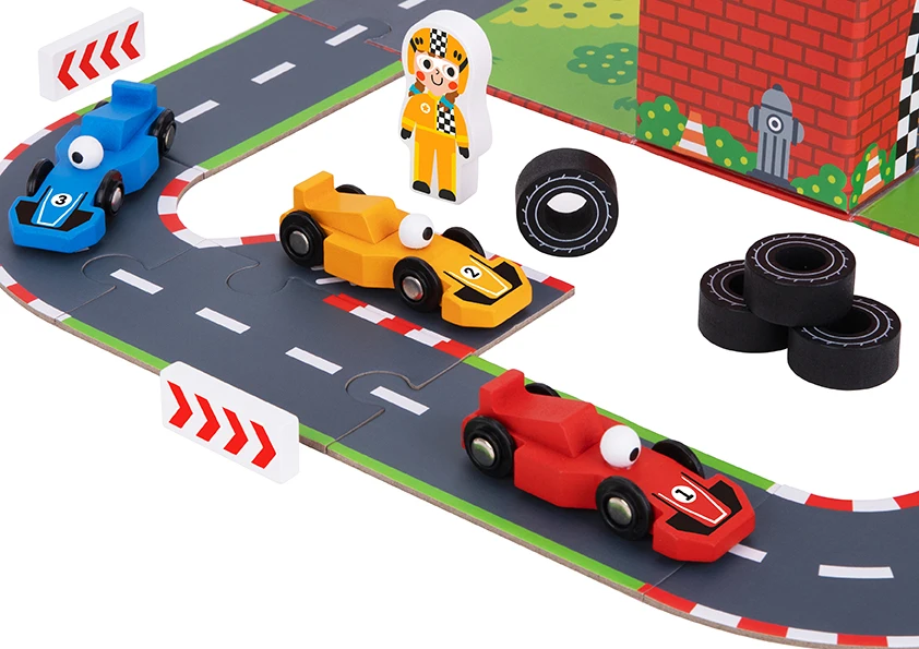 Portable Expandable Racing Game Box with Race Track, Award Podium and Simulated Racing Toys.