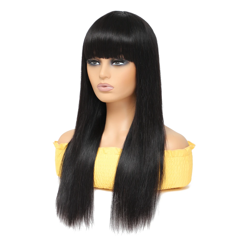 Straight Human Hair Wig With Bangs 100% Human Hair Wigs Full Machine Made Wigs 210% Density  For Black Women