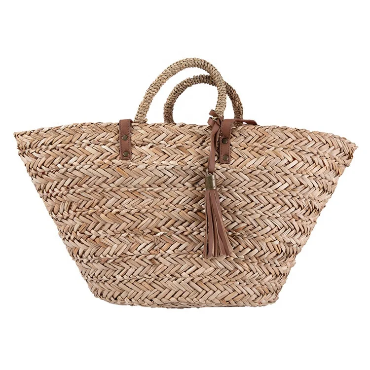 Large Woven Bag Tassel Woven Tote Ladies Straw Beach Handbag Half Round Handle Leather Women Brown Travel Beach Daily No Zipper