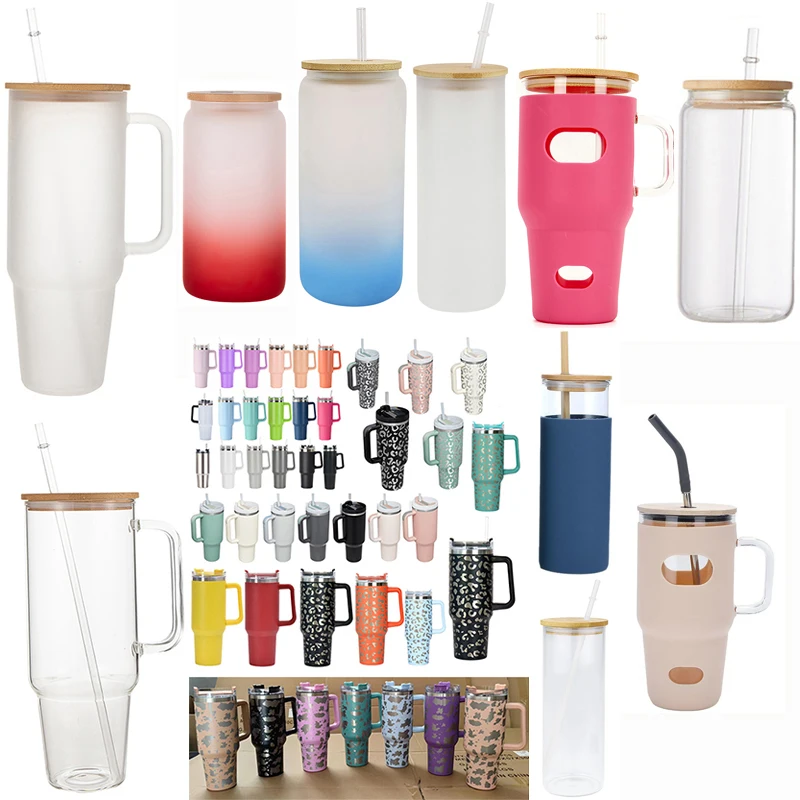 Popular Hot Selling 32oz 40oz 16oz Drinking Glass Can Tumbler Clear Glass Cups 4pcs Drinking Glasses With Bamboo Lids Straw Set