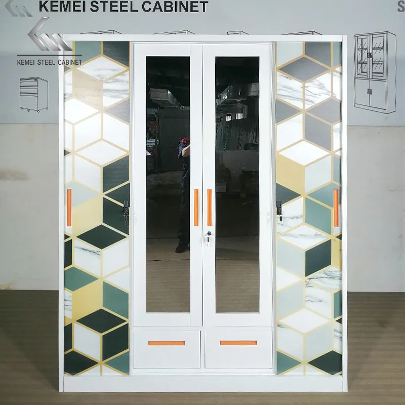 Home Baby bedroom iron 4 door steel almirah wardrobe printing pattern sliding door metal wardrobe