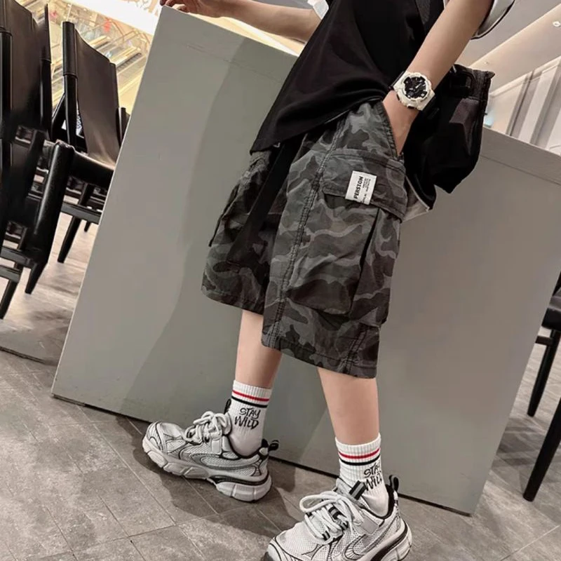 New Cargo Streetwear Shorts Kids Casual Style Multi Pockets Outdoor Shorts Camouflage Drawstring Knitted Shorts For Boy