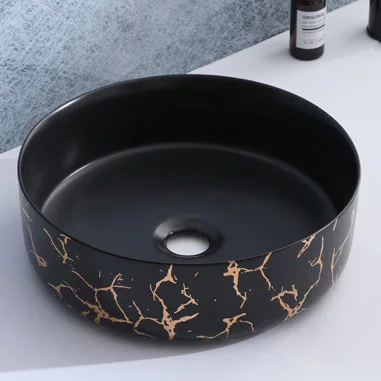 Hot sale marble pattern countertop sink ceramic art hand wash basin countertop matte black bathroom sinks