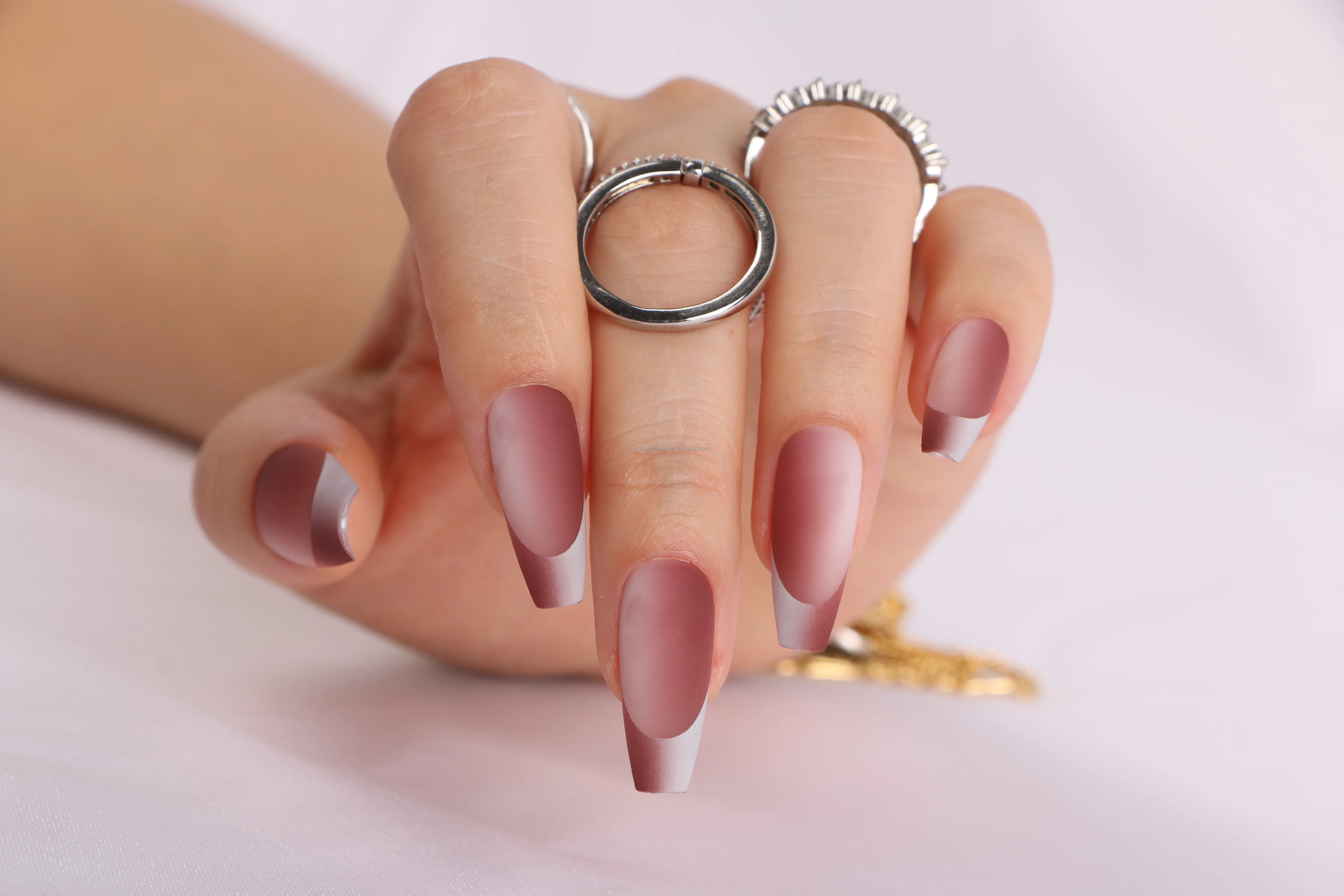 New Coming French Butterfly Crystal Nails Nude Pink Ombre Nail Ballerina Short Nails