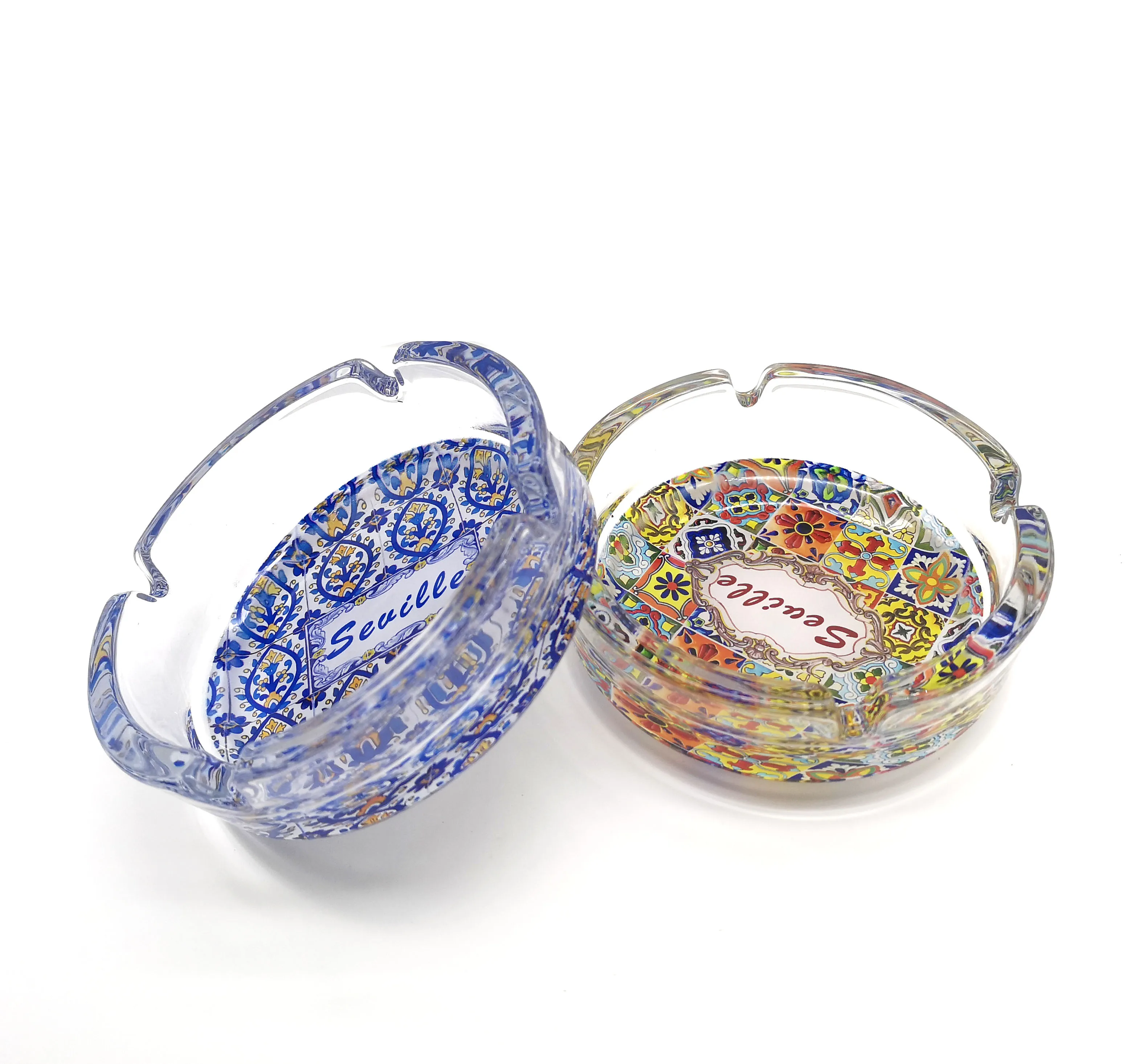 Factory Price UV printing Round Shape Bohemian Style Seville City 10.6 cm Cigar Cigarette Crystal Glass Ashtrays with 3 Grooves