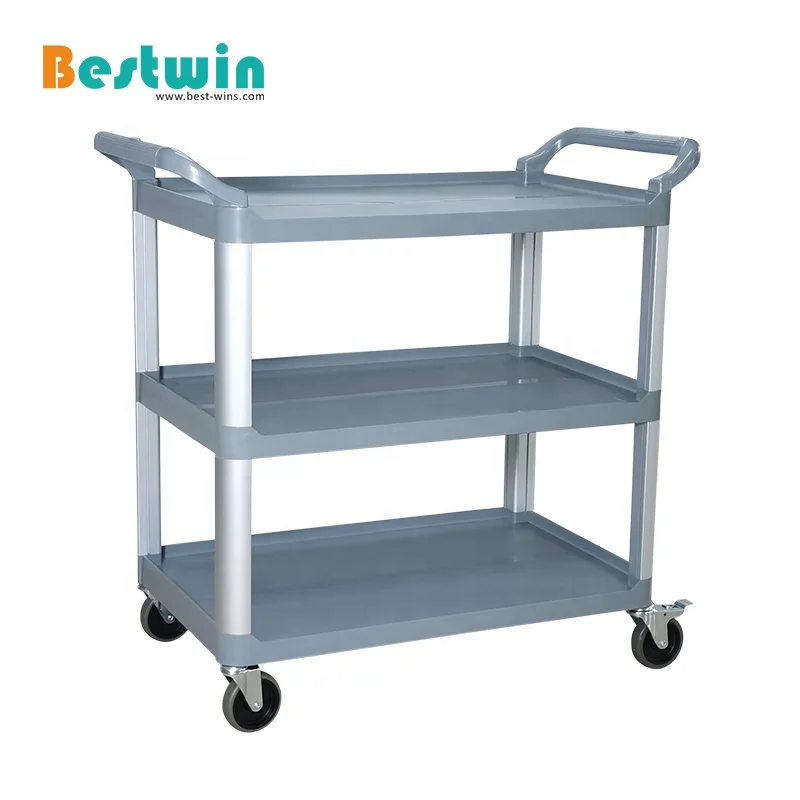 3-tier Plastic Shelf Aluminum Pipe Hotel Room Food Serving Trolley Cart