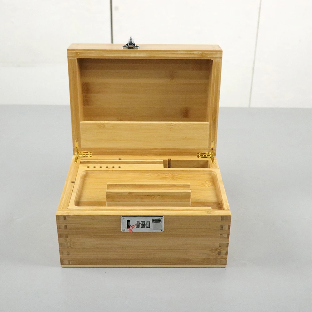 New custom 100% Bamboo Storage Box wooden Smoking Stash Box Sliding Rolling Tray with combination Lock