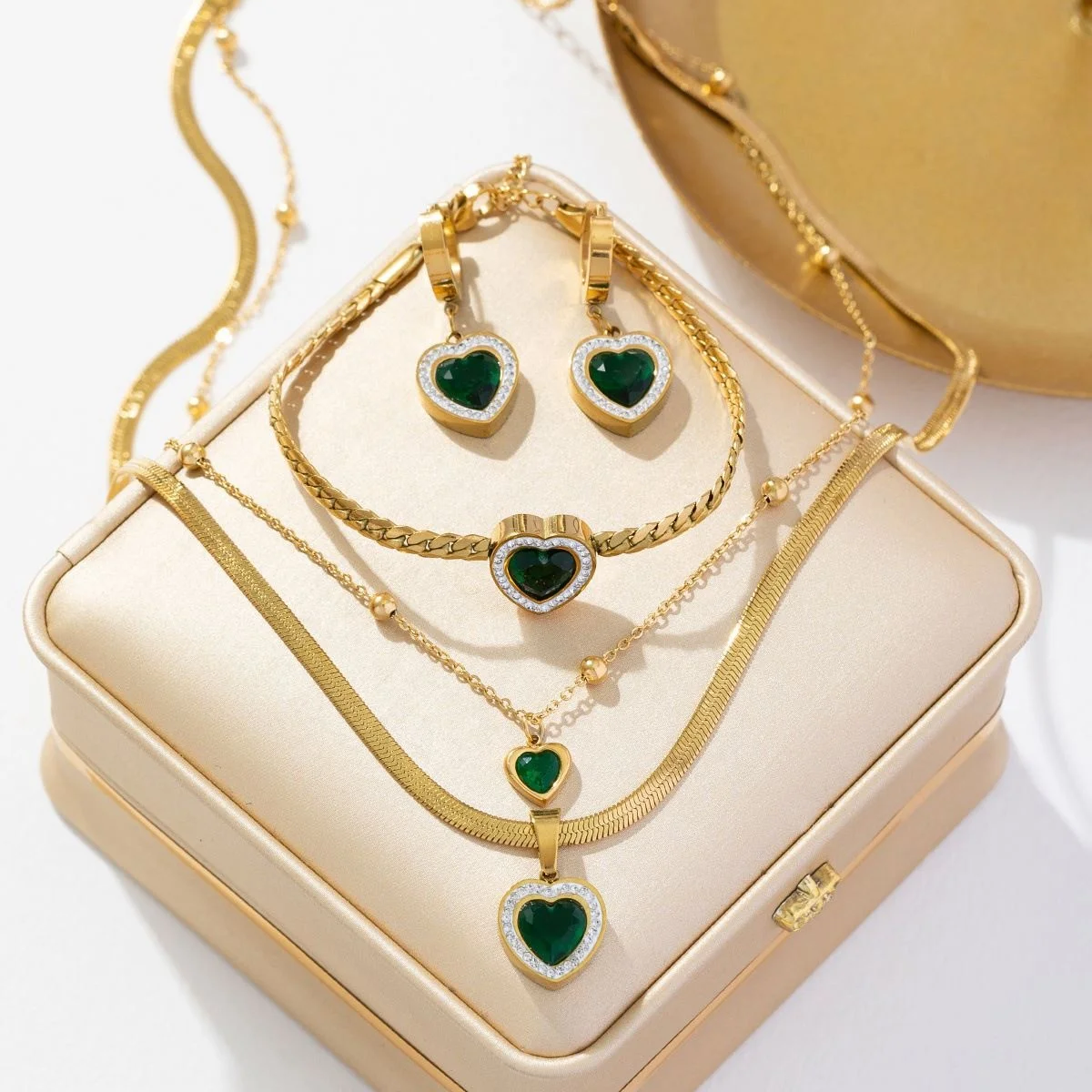 Jewelry Set Stainless Steel 18K PVD Gold Pearl Shell Emerald Zircon Heart Butterfly Pendant Necklace Ring Earrings Bracelet Set