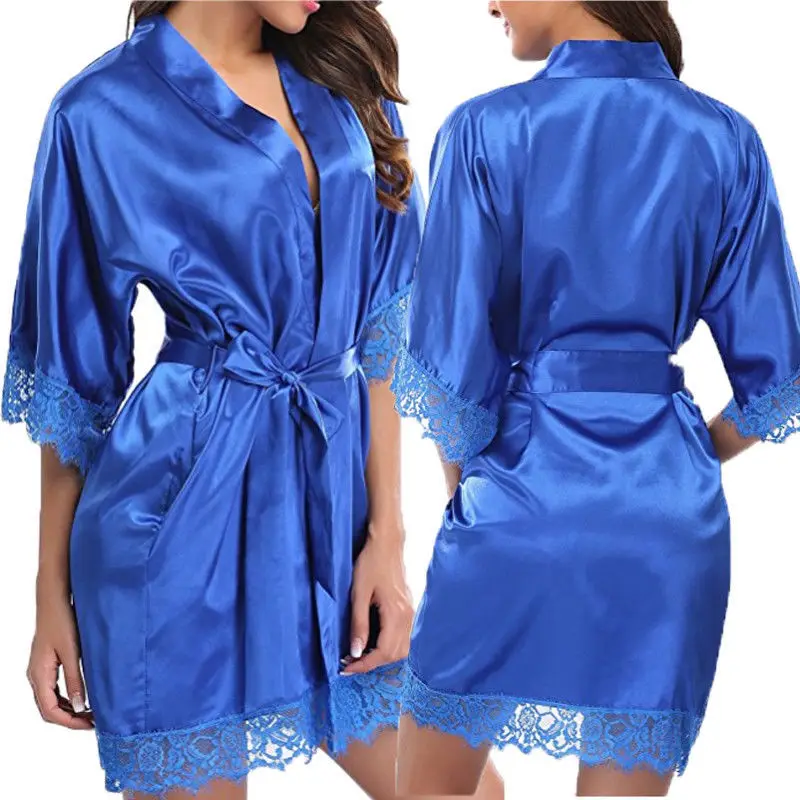 Custom Logo Plus Size 2XL Nightgown Solid Silk Satin Bridal Robes With Belt Thong Lace Robe