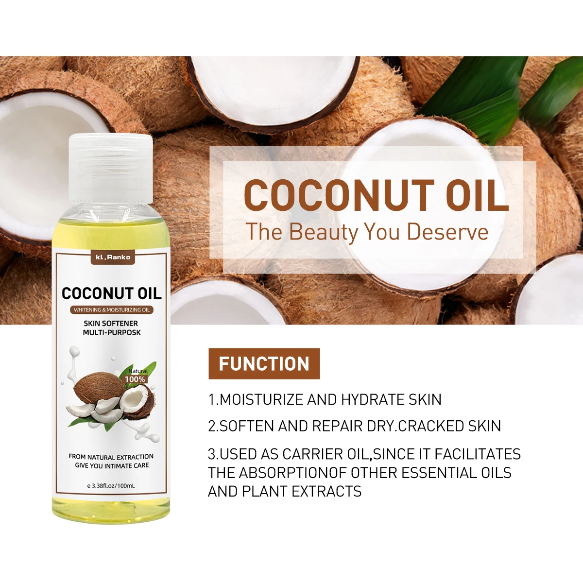 OEM ODM Custom Logo Natural Organic Pure Coconut Massage Oil Whitening Moisturizing  Essential Oil For Hair  Body Care Products