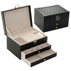 Multi-function jewelry box Three layer lock leather jewelry storage box Earring jewelry box