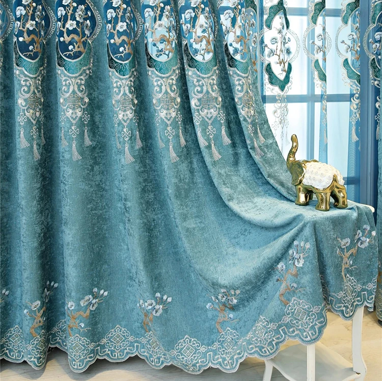 wholesale high quality embroidery Fabric blackout Luxury Living Room Curtain with valance