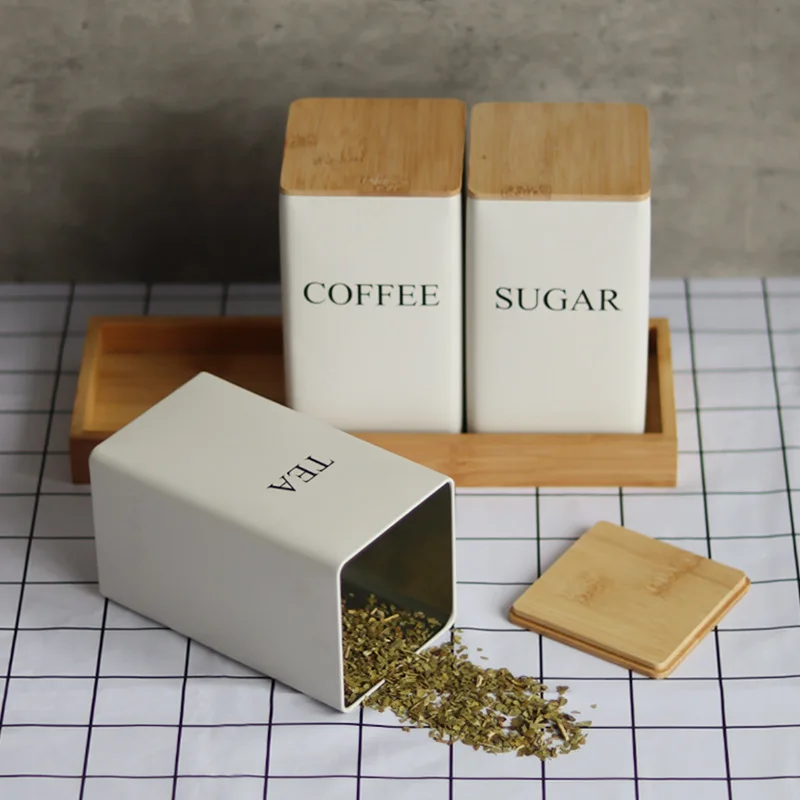 Hot Sale Minimalist Metal Tea Coffee And Sugar Canister Jar Set Wooden Storage Box White Black Can With Bamboo Lid For Kitchen
