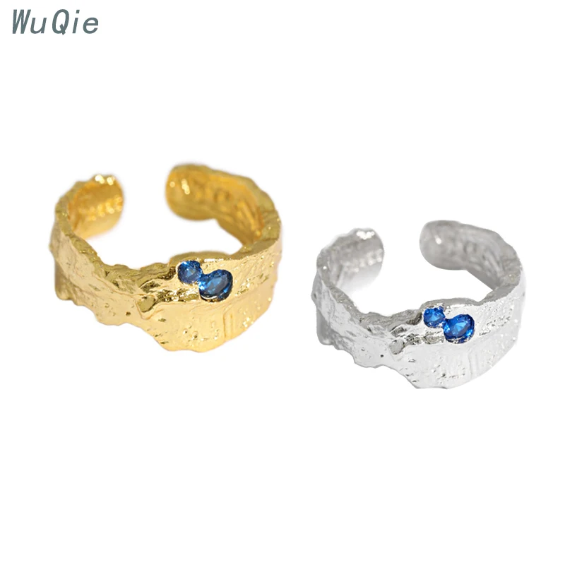 Wuqie Niche Design Irregular Texture Silver Gold Plated Ring Statement Blue Zircon Ring for Women