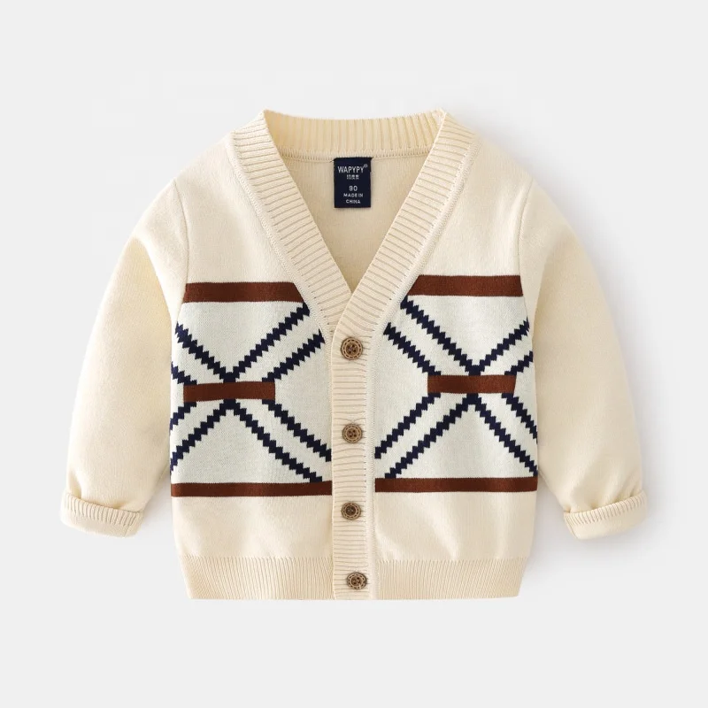 Wholesale Autumn Argyle Printed Baby Boy Cardigan V Neck Long Sleeve Kids Knit Sweater