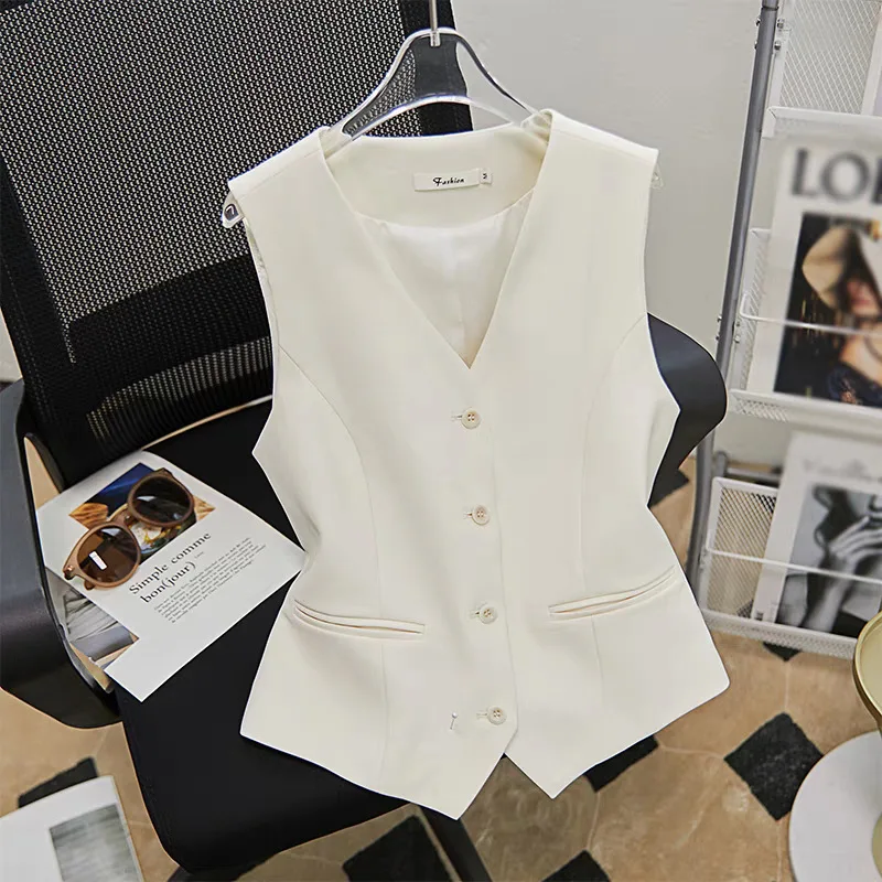 Fashion New French Style Retro Waist Controlled Short Vest Coat Women S Summer High Grade TemperamentvCollar White Suit Vest
