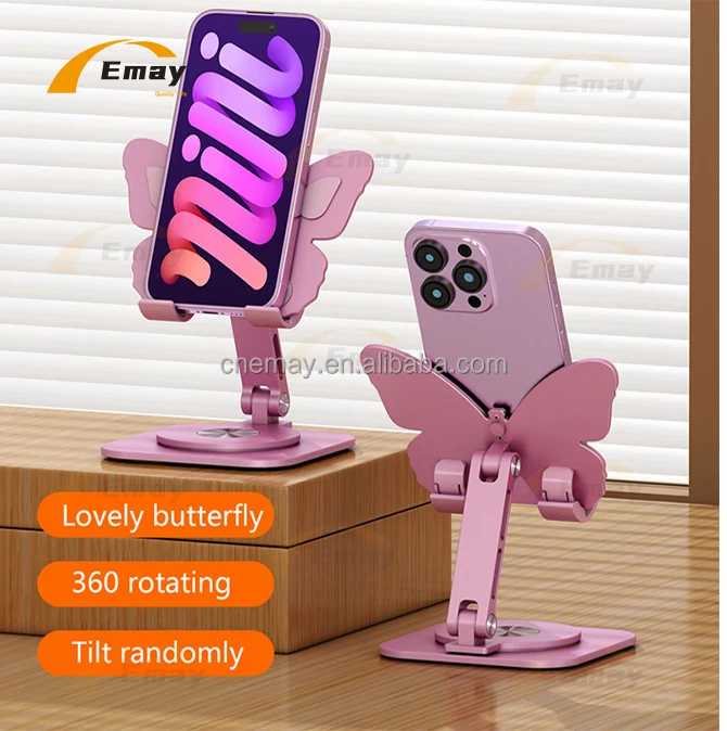 New design pink butterfly Shape Aluminum alloy phone tablet stand  foldable  and portable free standing
