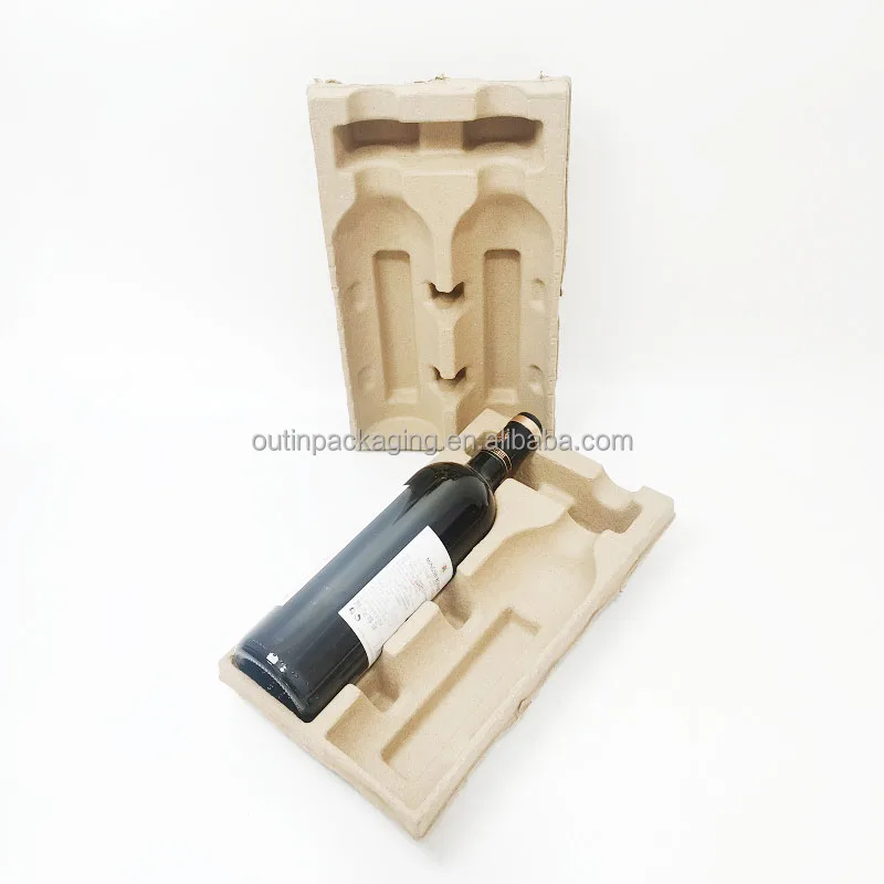 Custom Biodegradable Paper Pulp Molded 2 Wine Bottle Tray Shippers For Wine eco friendly mold pulp wine packaging box inner tray