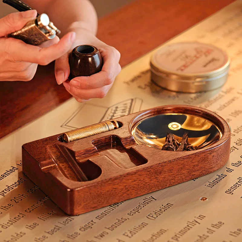 JIFENG JF-TZ-9  classic luxury wood brass tobacco pipe accessories set ashtray, pipe holder with lighter and tamper tools