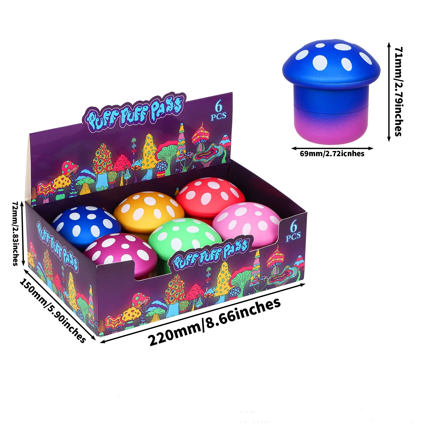 Puff Puff Pass Brand Series 4-Layer Zinc Alloy Plastic Cigarette Grinder Rainbow Color Spray Paint Frosted Mushroom