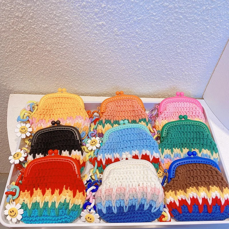 Vintage Women Handmade Crochet Coin Purse Rainbow  Gradient Chain Trendy Star Hook Weaving Knitted Wallet Women Small Handbag