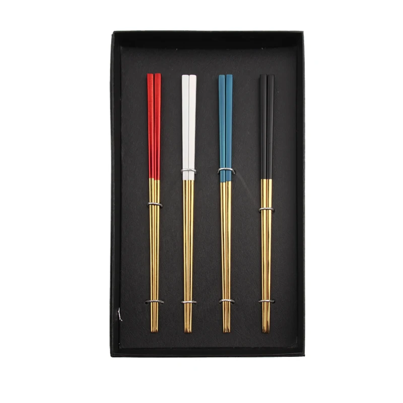 Amazon hotsale 4 pairs chopsticks gift set Metal  Reusable 304 Stainless Steel Chopsticks box Set