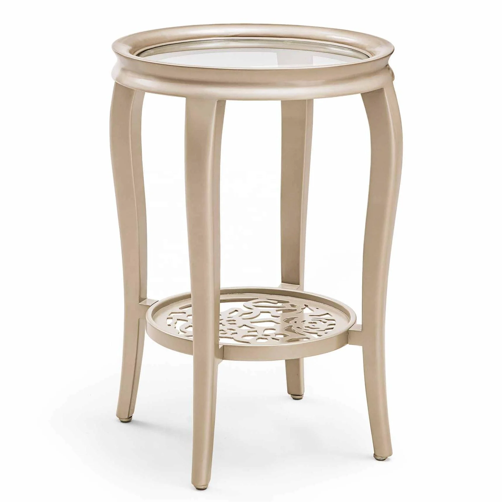 Foshan Guangzhou classic furniture supplier gold wooden frame hand curved glass top round shape small side table