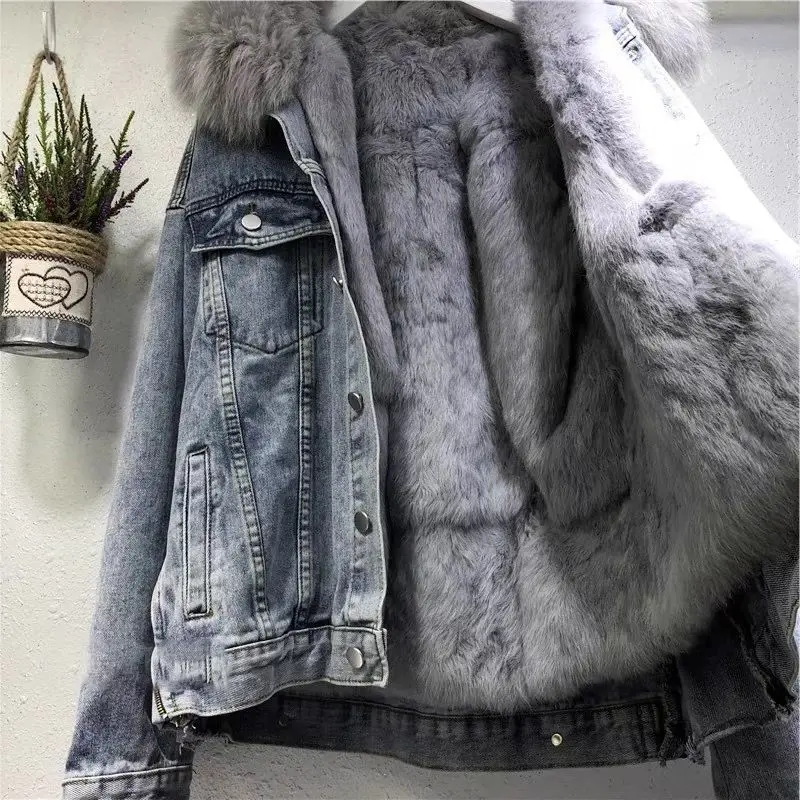 autumn winter new fashion fur jean jacket women denim coat fur lining vintage casual jacket