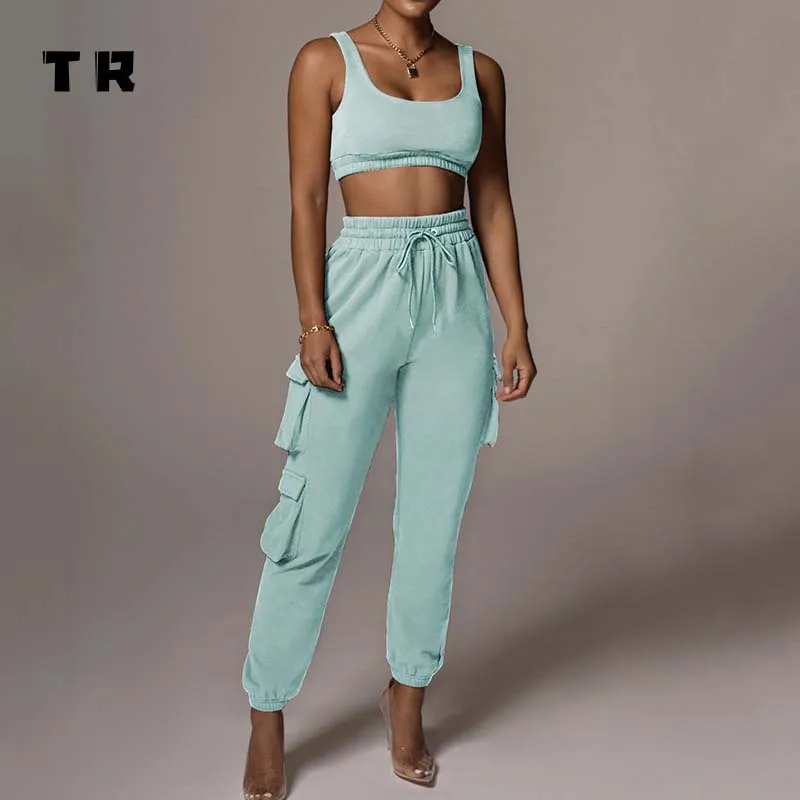 
Wholesale Cotton Crop Top Jogger Two Piece Pants Set Women 