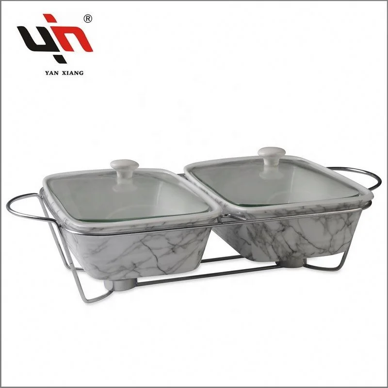 Top Sales Set Of 2 Bakeware On Stand Marble Design Ceramic Chafing Microwave Dish Plate Food Warmer Dish For Hotel Restaurant